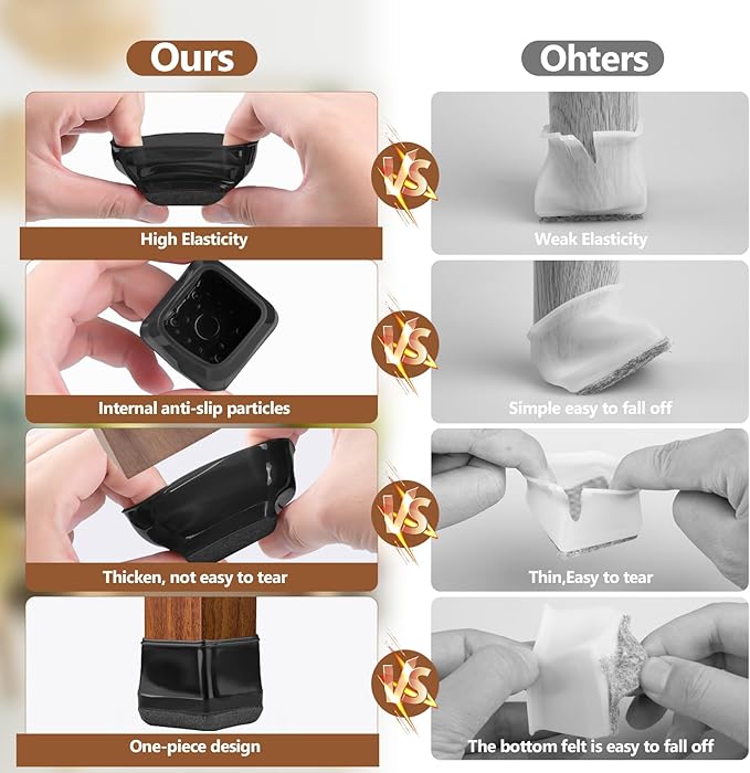 16Pcs Square Chair Leg Floor Protectors with Thickened Felt Pads Silicone Chair Leg Covers Caps to Protect Hardwood Tile Floors Furniture Feet Reduce Noise (Black L Fit 1.14"-1.42")
