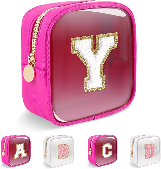 Personalized Initial Letter Clear Preppy Makeup Bag,Mini Nylon Chenille Letter Cosmetic Bag Cute Zipper Pouch Coin Purse for Teen Girls,Portable TSA Approved Travel Essentials Bag Gift for Women,Y
