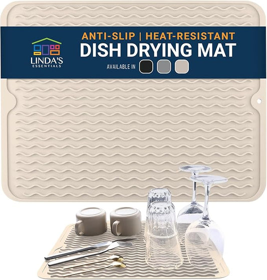 Silicone Dish Drying Mat for Kitchen Counter - Multi-Use 16 x 12 Inch Pad, Non-Slip & Heat-Resistant, Perfect Dish Drainer Mat by Linda’s Essentials, Ideal Kitchen Accessory (Beige)