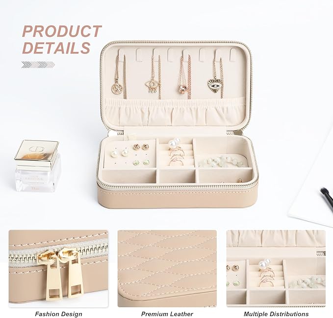 Leather Jewelry Box Women's Travel Jewelry Organizer with Zippered Design Tangle-Free Storage for Necklaces, Earrings, and Bracelets, Luxury Gift Box Apricot
