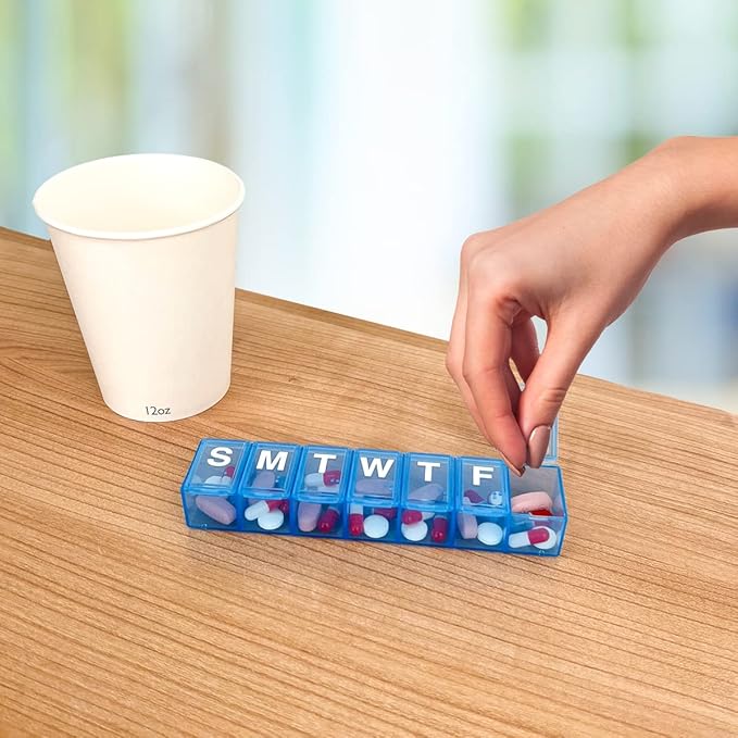 Amazon Basic Care Weekly Pill Organizer, 7-Day, Medium Compartments, Medicine Box, Blue