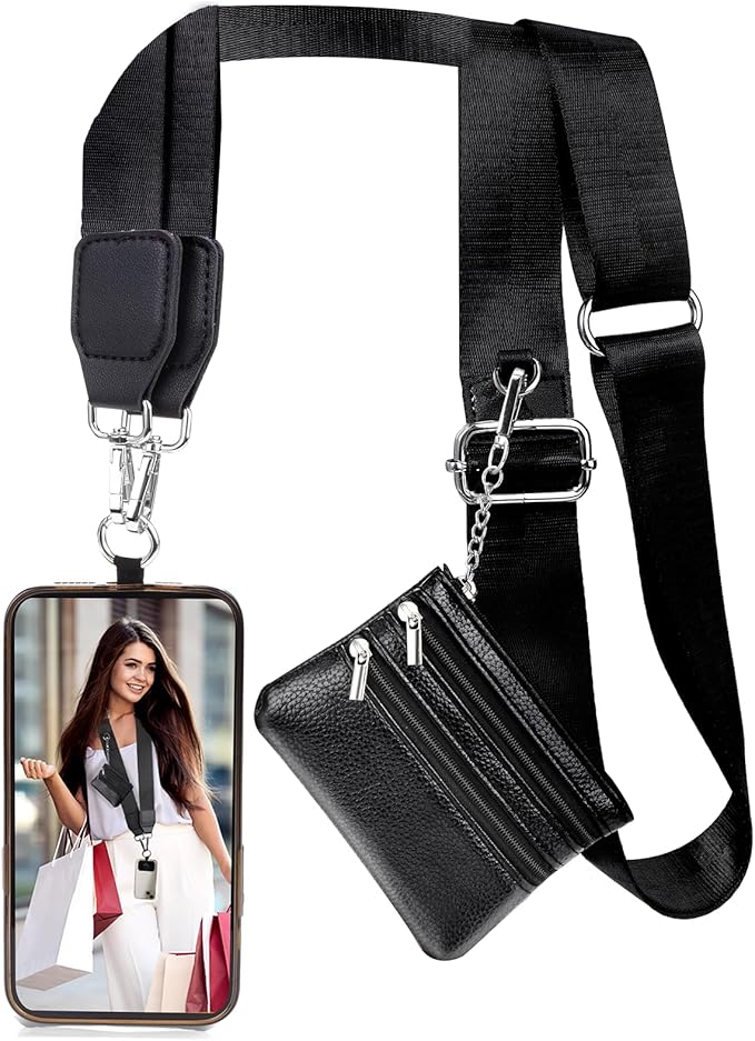 XANGNIER Clip and Go Strap for Phone with Wallet Crossbody, Phone Strap with Zippered Wallet, Adjustable Anti Theft Cellphone Lanyard for Women, Cellphone Chain Accessories, Black