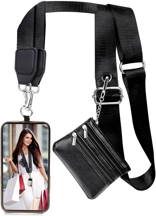XANGNIER Clip and Go Strap for Phone with Wallet Crossbody, Phone Strap with Zippered Wallet, Adjustable Anti Theft Cellphone Lanyard for Women, Cellphone Chain Accessories, Black