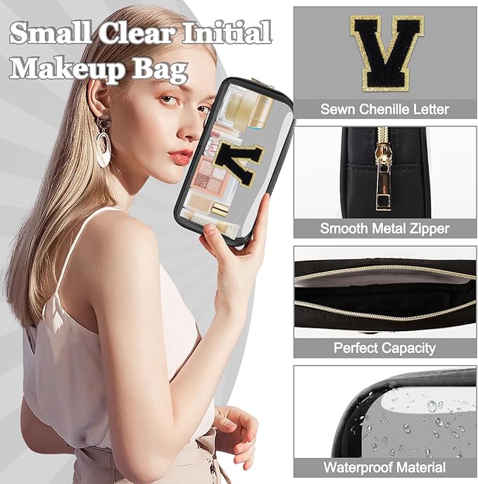 Small Clear Personalized Initial Makeup Bag, Preppy Nylon A-Z Chenille Letter Patch Makeup Organizer TSA Approved Travel Toiletry Bag,Waterproof Zip Beach Cosmetic Pouch Purse for Women(Black-Black V)