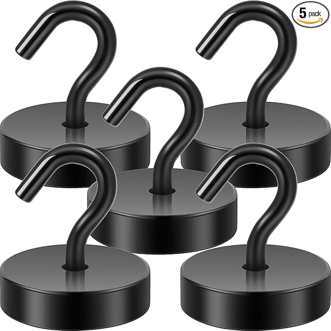 Neosmuk Magnetic Hooks, Cruise Ship Essentials, 80lb+ Heavy Duty Magnetic Hooks for Cruise Cabins, Refrigerator, Grill, Hanging, and Travel | Extra Strong Must-Have Magnet Hook, Black, 5 Pack