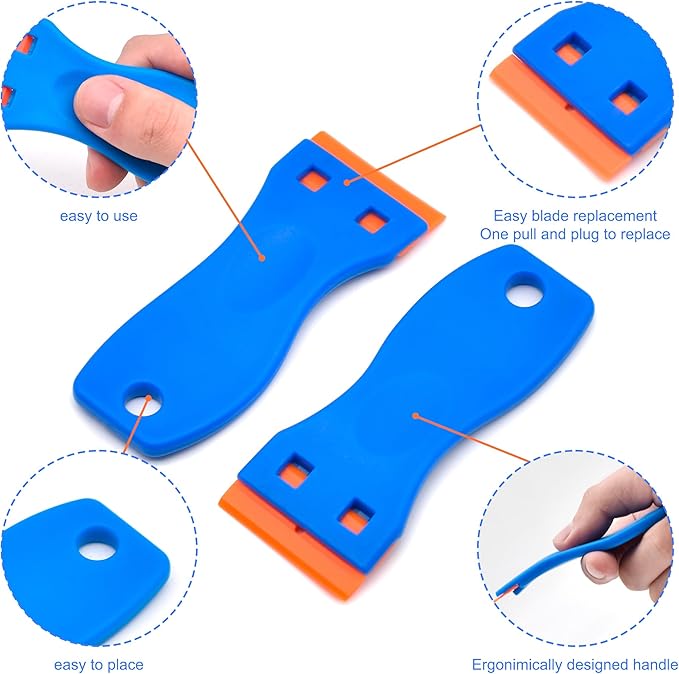 8 Pcs Plastic Razor Blade Scraper and 100 Pcs Blades, Remove Label Decal Tool， Forwithout Scratches Plastic Razor Blade Scraper, Adhesive Remover for Stickers, Kitchen Appliances and Paints on Window
