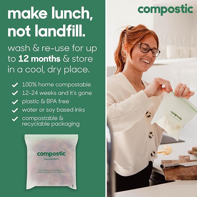 Compostic Home Compostable Resealable Snack Bags, Microwave & Freezer Safe, Organic Food Storage Container, 180 Count + 20 Bonus Bags