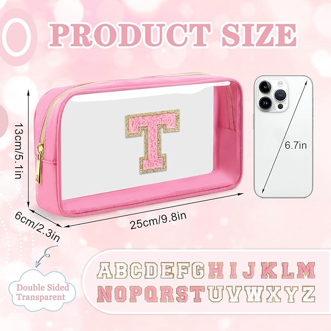 Small Clear Personalized Initial Makeup Bag, Preppy Nylon A-Z Chenille Letter Patch Makeup Organizer TSA Approved Travel Toiletry Bag,Waterproof Zip Beach Cosmetic Pouch Purse for Women(Pink-Pink T)