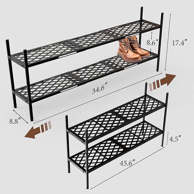 Shoe Rack, Expandable Shoes Organizer Metal Shelf Stand, 2-Tier Stackable Long Shoe Storage Holder for Closet, Floor, Entryway, Garage, Bedroom, Door Entrance for 12-18 Pairs, 45.6 Inches, Black