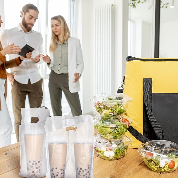 Tinlade 500 Pcs Clear Handle Drinking Poly Bags Bulk 2 and 1 Cup Plastic Portable Cup Carrier Holder Bag Packaging Delivery Hanging Hole, 6.3 x 10.2, 12.2 x 10.2 Inch