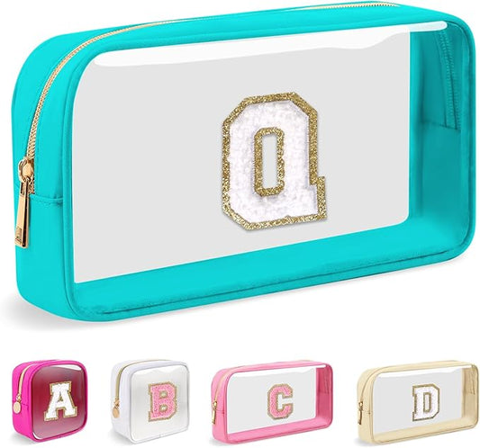 Small Clear Personalized Initial Makeup Bag, Preppy Nylon A-Z Chenille Letter Patch Makeup Organizer TSA Approved Travel Toiletry Bag,Waterproof Zip Beach Cosmetic Pouch Purse for Women(Cyan-White Q)