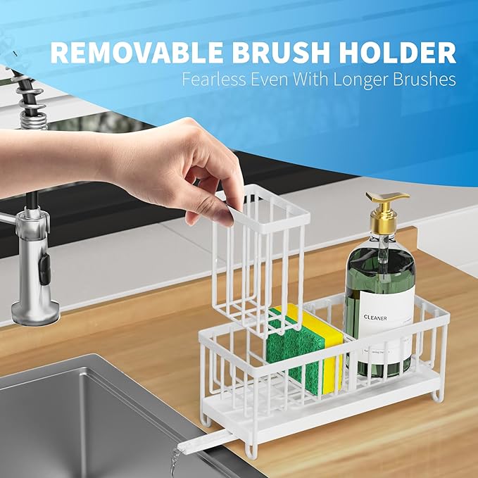 Cisily White Sponge Holder for Kitchen Sink, Sink Caddy Organizer with High Brush Holder, Kitchen Countertop Organizers and Storage Essentials, Rustproof 304 Stainless Steel, Soap Dispenser Organize