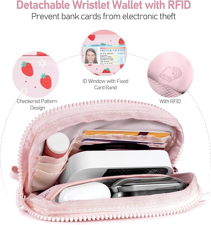 Clip and Go Strap for Phone with Wallet Crossbody Phone Lanyard and Detachable Checkered Bag with ID Window and RFID Pouch for Daily Travel. Strawberry