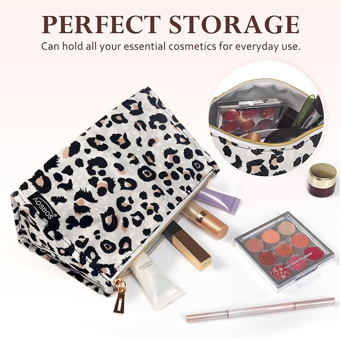Aosbos Premium Small Makeup Bag, Compact Cosmetic Pouch, Travel-Size Make UP Case for Women, Leopard