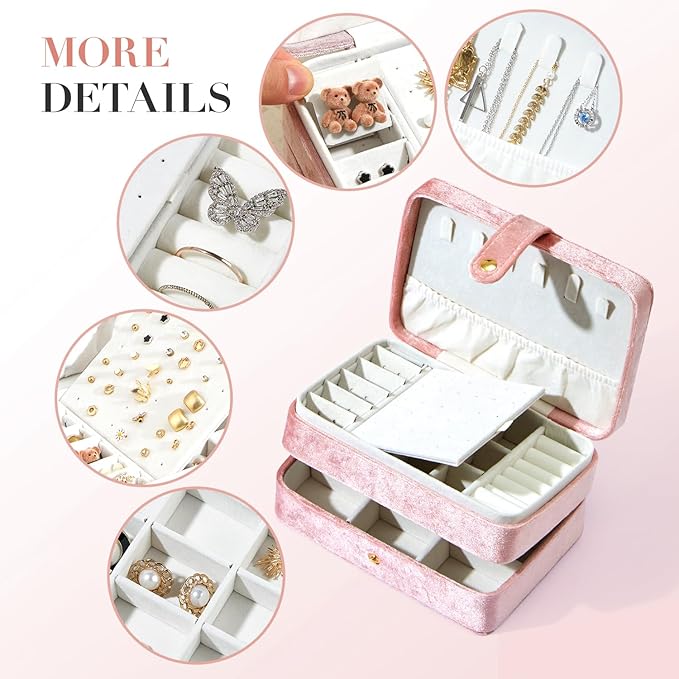Velvet Small Jewelry Box for Women Girls, Double Layers Travel Portable Jewelry Case for Ring, Pendant, Earring, Necklace, Bracelet Organizer Storage Holder Boxes, Pink