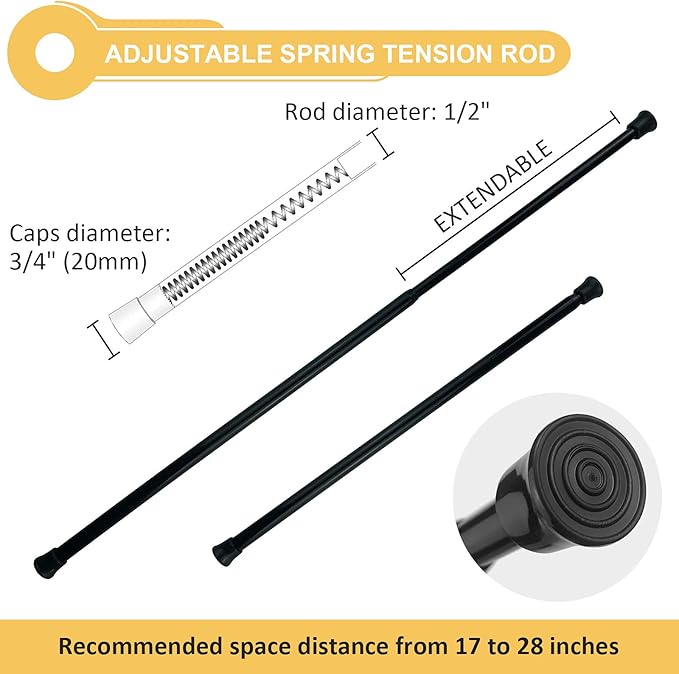 KXLife 6pc Small Window Tension Curtain Rod 17-28 Inch Expandable Spring Rod for Basement, Kitchen Window Curtains, Black