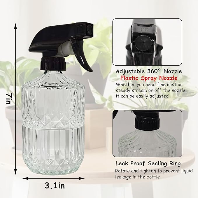 Clear Glass Handheld Spray Bottle, 15oz Refillable Plant Mister Bottle, Water Spray Bottle with Adjustable Mist Nozzle for Indoor Flowers, Outdoor Gardening, Cleaning, Hair and Pets Care