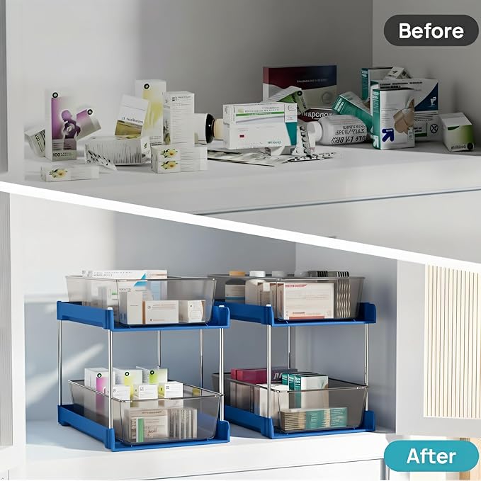 2 Pack 2 Tire Under Sink Organizer, Bathroom Organizers and Storage,Cabinet Drawers Bins, Pull-Out Organization with Track for Pantry, Kitchen,Fridge,Vanity Countertop (blue