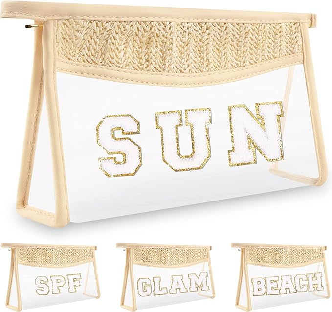 Boho Clear Makeup Letter Patch Makeup Bag SUN Pouch, Clear Toiletry Bags Travel Small Cute Chenille Letter Cosmetic Zipper Pouch Purse, Transparent Waterproof Makeup Organizer Bag for Women Girls (SUN)