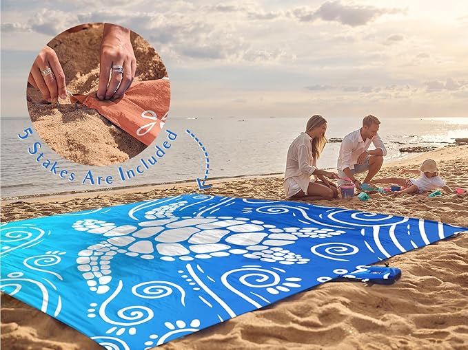 WEKAPO Beach Blanket Waterproof Sandproof Oversized Extra Large Sand Free Beach Mat with Stakes, Storage Bag - Essentials for Outdoor Beach, Picnic (Gradient Blue Sea Turtle, 8 X 7 FT (1~4 Person))