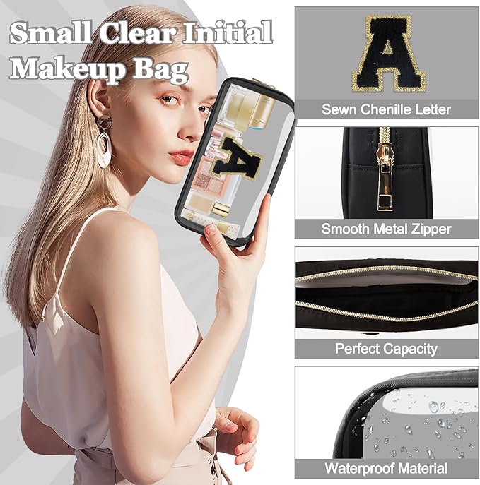 Small Clear Personalized Initial Makeup Bag,Nylon Preppy A-Z Chenille Letter Patch Cosmetic Pouch Beach Toiletry Bag,Waterproof Zipper Travel Purse Storage Bag Organizer for Women Girls(Black-Black A)