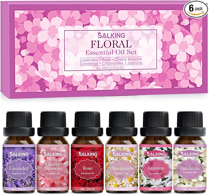 SALKING Floral Essential Oils Set, Premium Pure and Natural Essential Oils, Fragrance Oil Scented Oils for Oil Diffusers 6 x 10 ML - Lavender, Rose, Jasmine, Cherry Blossom, Gardenia, Chamomile