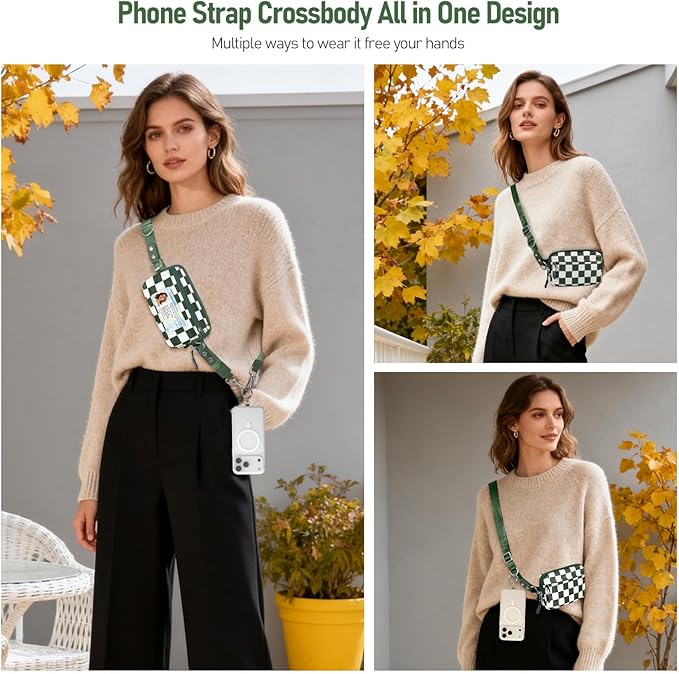 Clip and Go Strap for Phone with Wallet Crossbody Phone Lanyard and Detachable Checkered Bag with ID Window and RFID Pouch for Daily Travel.