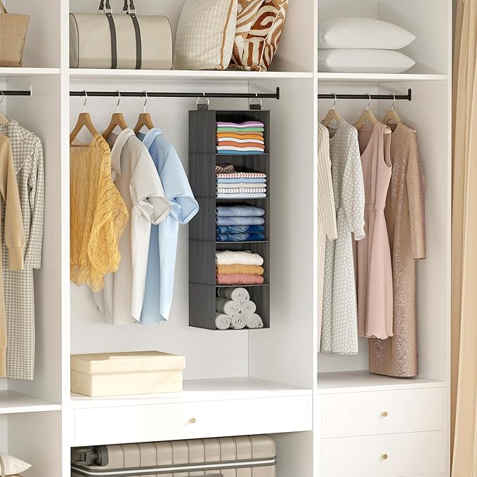 Lifewit 5 Tier Hanging Closet Organizer and Storage for Shelves, Foldable Clothes Storage Shelf with 2 Sturdy Hooks for Clothing Organization, Dorm Room Essentials for Guys, Gray