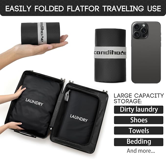 Travel Laundry Bag (2 Pcs - Large + Medium) - Foldable Waterproof Washable Wet Dry Bag for Gym, Swimming, Yoga, and Workout Perfect for Dirty Clothes, Bathing Suits, Travel Accessories Black