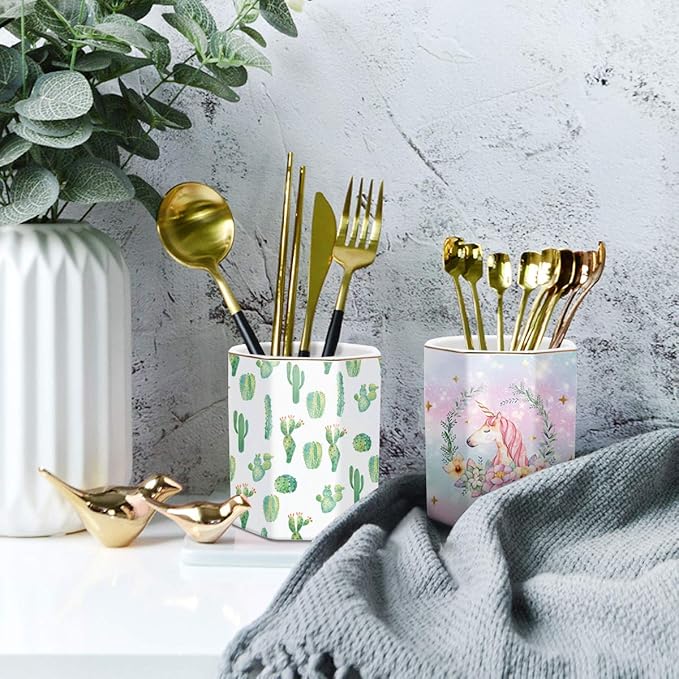 WAVEYU Cactus Pen Holder, Stand for Desk Pencil Cup for Girls Kids Durable Ceramic Desk Organizer Makeup Brush Holder for Office, Classroom, Home