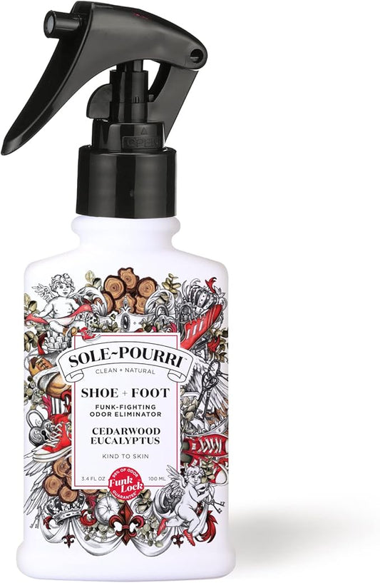 Sole-Pourri Shoe Deodorizer + Foot Spray, 3.4 Fl Oz, Up to 150 Uses, Funk-Fighting Odor Freshener with Essential Oils, for Smelly Shoes, Feet & Gym Bags, Cedarwood & Eucalyptus Scent