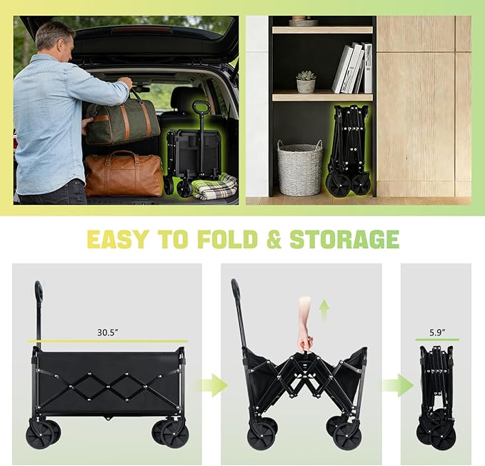 360LBS Collapsible Foldable Wagon Carts - Heavy Duty Portable Folding Utility Wagons with All-Terrain Wheels for Grocery Sports Shopping Camping Garden Beach, 2 Drink Holders/Lightweight/Black