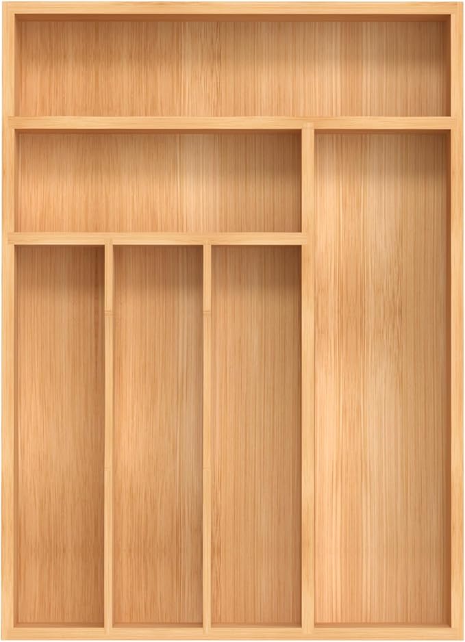 Bamboo Silverware Organizer, Kitchen Drawer Organizer, Utensil Holder, Cutlery Tray & Spoon Flatware Storage with Grooved Drawer Dividers (12''W x 16.5''D)