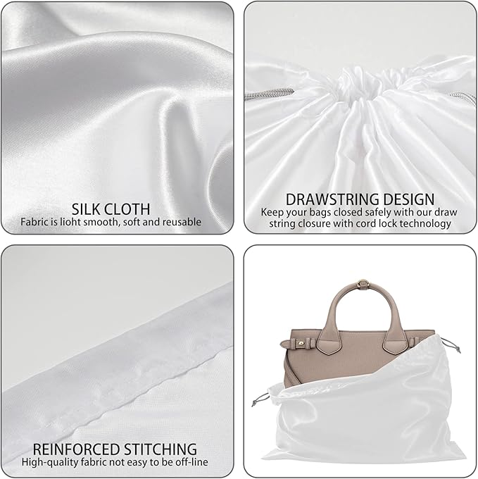 6 Pack Silk Dust Cover Bags for Handbags, Purses, Shoes & Boots - Dustproof Drawstring Bags - Travel Storage Pouches (White, 23.6 19.6 in)