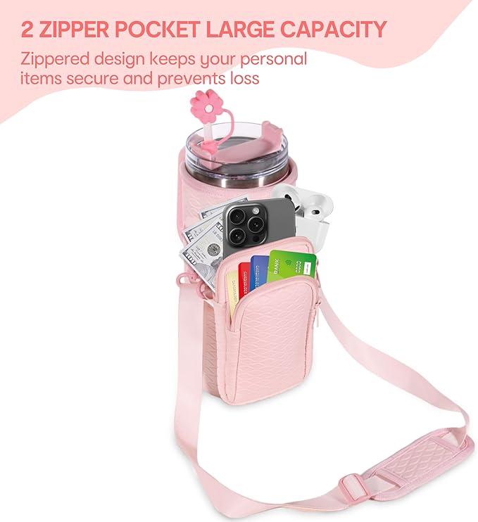&And Per Se Water Bottle Shoulder Bag for Women, Neoprene Carrier with Phone Pocket & Pink Charm, Adjustable Crossbody Strap Fits Stanley 40oz Tumblers, Gift for Her (Pink)