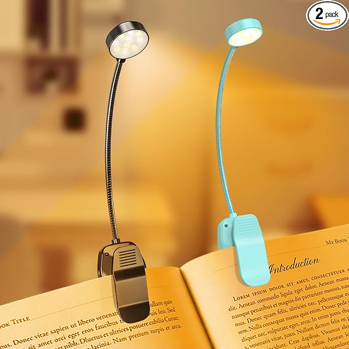 2 Packs Rechargeable Book Reading Light - Adjustable Brightness, 3 Color Temperatures, 30+ Hours Runtime - Eye Care 10 LED Lamp for Reading for Bed,Back to School Gift for Students,Blue & Black