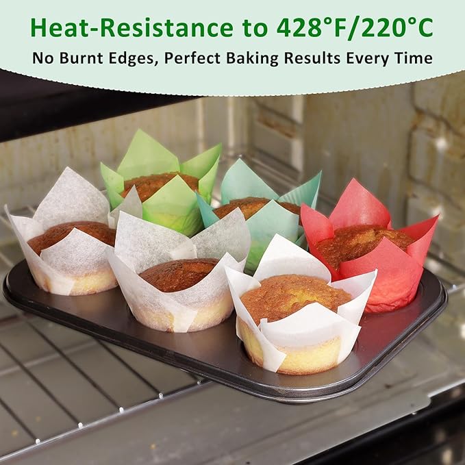 Caperci White Parchment Paper Tulip Cupcake Muffin Liners - European Non-stick Paper Baking Cups Cupacke Wrappers for Party, Wedding, Christmas, Birthday (150pcs)