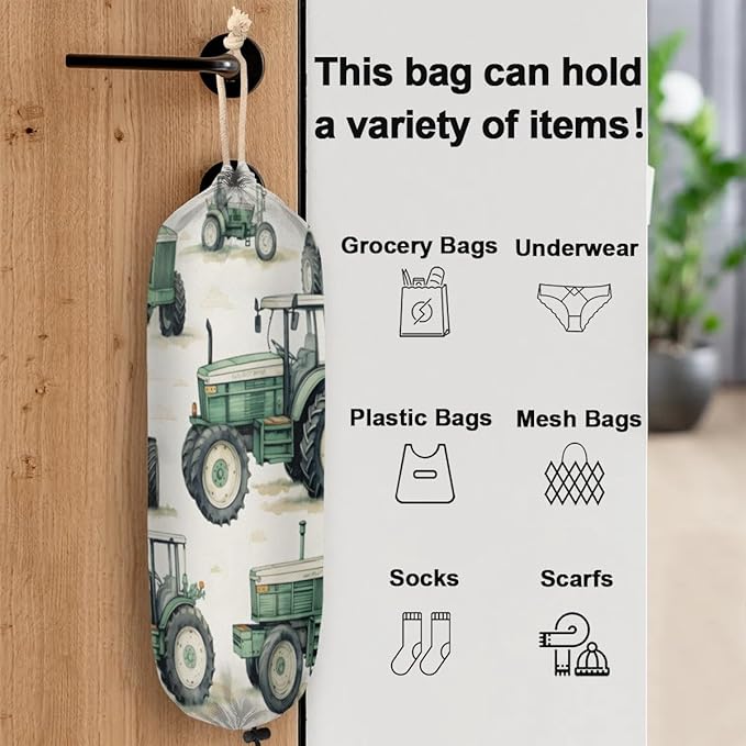 Sabokido Vintage Truck Plastic Bag Holder Green Farm Car Tractor Grocery Bag Storage Dispenser Washable Hanging Shopping Bags Carrier Reusable Wall Mount Trash Bag Organizer for Kitchen Pantry