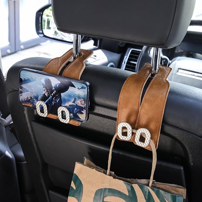 Car Headrest Hooks, Universal Car Purse Hook, Premium Leather and Alloy Twin Hook, Car Seat Back Storage Hanger Hook for Purse Bags Cloth Drink, Durable Holder Car Accessories (BH09-Brown-Silver-4 Pcs)