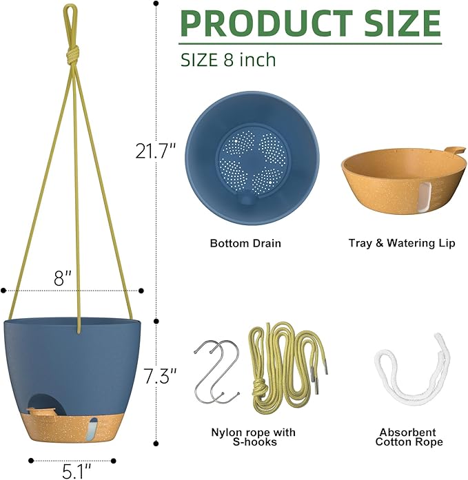 ZMTECH Hanging Planter 8 Inch, 2 Pack Hanging Baskets for Plants Indoor, Hanging Flower Pots with Drainage Hole, Visual Reservoir & Plant Hangers for Outdoor Garden Home Decor