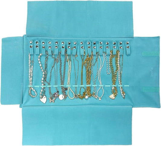 UnionPlus Velvet Travel Jewelry Roll Bag Organizer for Necklace, Elastic Band and Anti-winding, River Blue