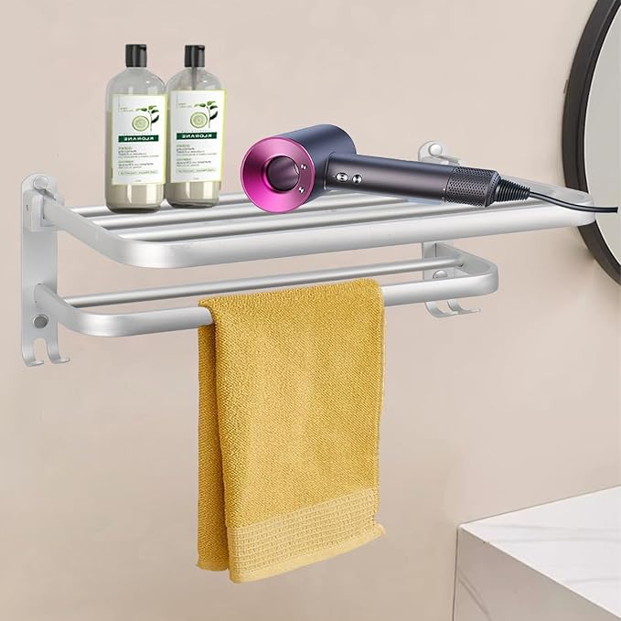 Towel Rack for Bathroom, Bath Towel Holder with Double Towel Bar and Foldable Towel Shelf, Rustproof Towel Organizer Wall Mounted Towel Storage Hanger for Bath/Balcony/Lavatory (16In Silver)