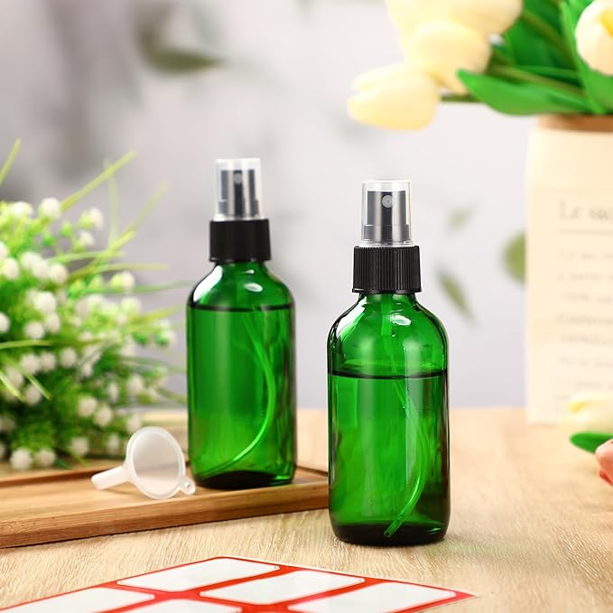Fumete 2 Pack Glass Bottles 4oz Empty Refillable Liquid Containers with 1 Label 1 Funnel for Essential Oils Hair Travel Plants Cleaning Skin Care(Green, Black Top,Mist Bottle)