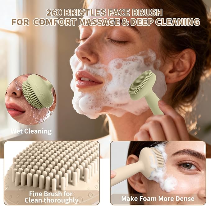 2 Pack Silicone Face Scrubber,2 in 1 Facial Cleansing Brush & Face Mask Applicator, Face Exfoliator Scrubber Waterproof Home Spa Facial Brush for Sensitive Skin (Sage Green and Off-White)