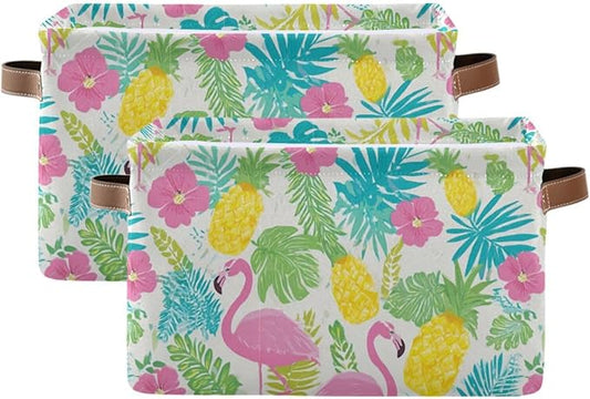 Aslsiy Storage Basket Summer Flamingo Hibiscus Nursery Bins Tropical Leaf Pineapple Baby Toys Box Canvas Clothes Shelf Basket Laundry Hamper Gift Basket for Home Closet 2 Pcs