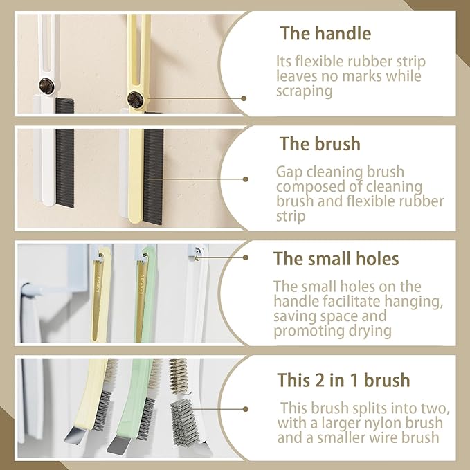Crevice Cleaning Brushes with Rotatable Handle, Wire Nylon Scrub Brush with Stainless Steel Scraper, Grout Brush for Kitchen Stove Sink Tiles Corners Range Hood Door Window Track, 2 Pcs