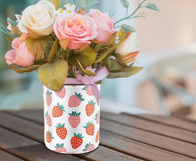 WAVEYU Pen Holder for Women Girls, Pencil Cup Pink Desk Decor, Makeup Brush Holder Large Pu Leather Multi-Functional Organizer Cup for Office, Classroom, Home, Strawberry