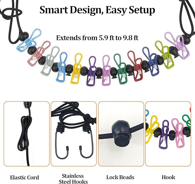 Travel Clothesline Retractable Portable Clothesline with 12 Clips Portable Elastic Camping Clothes Line with Anti-Slip Beads & Stainless Hooks for Hotel, RV, Boat, Outdoor Use (2 Pack)