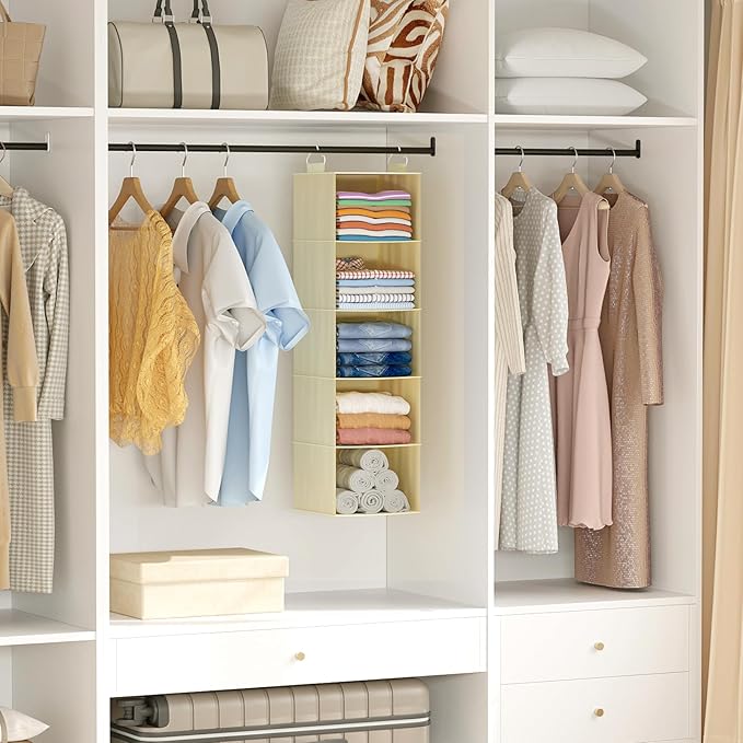 Lifewit 5 Tier Hanging Closet Organizer and Storage for Shelves, Foldable Clothes Storage Shelf with 2 Sturdy Hooks for Clothing Organization, Dorm Room Essentials for Guys, Beige