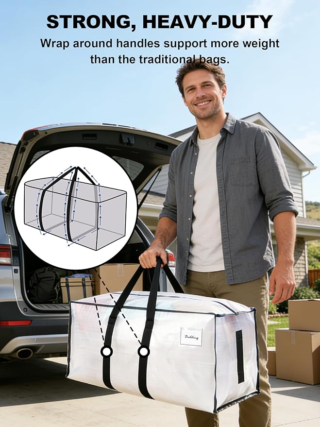 HOMESURE Supports 200lbs Heavy Duty Moving Bags - Strong Zipper & Wrap-Around Handles - Water-Resistant Storage Totes, Durable Alternative to Moving Boxes - 4 Pack - Semi-Transparent